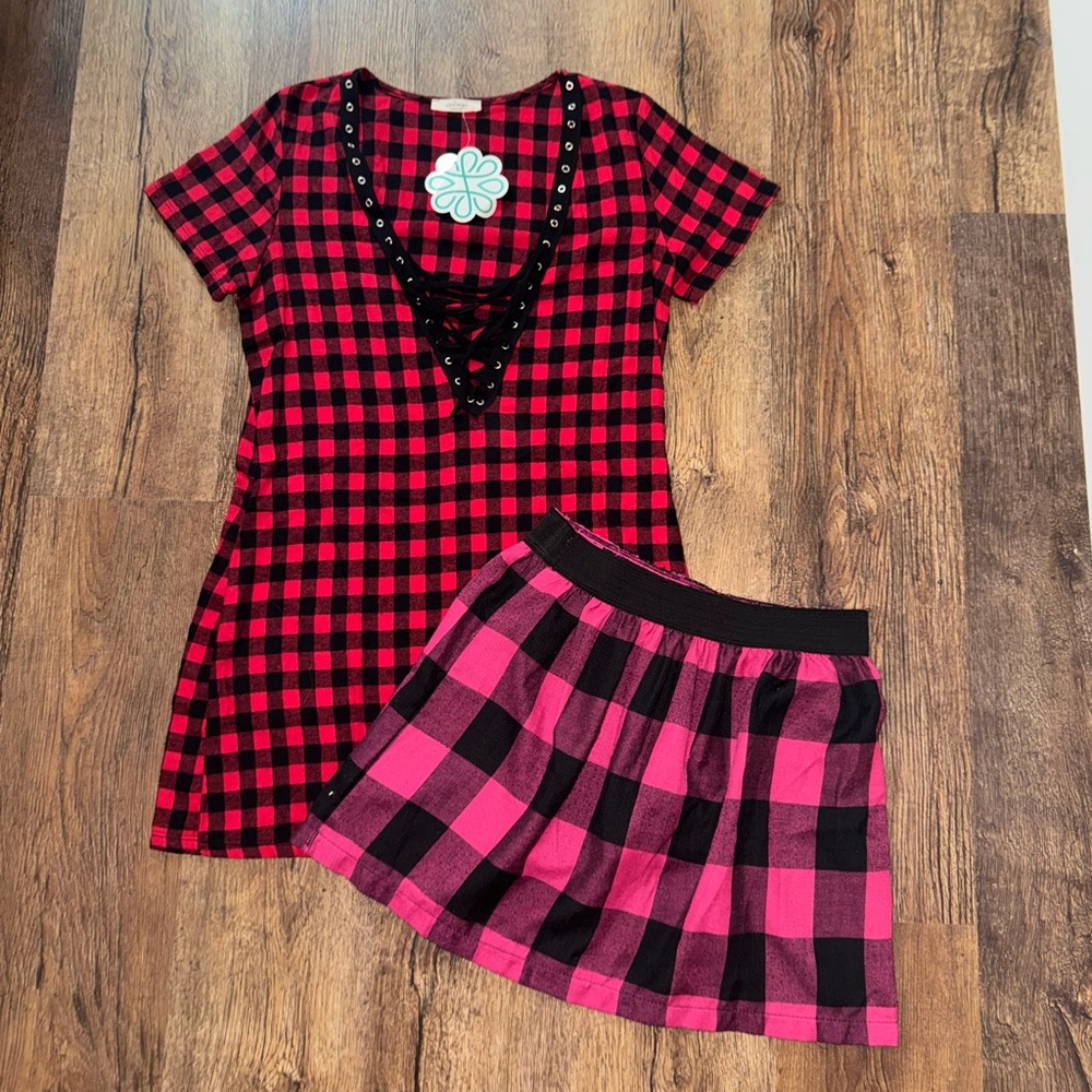 Papaya Red and Black Checkered Dress and Skirt Set